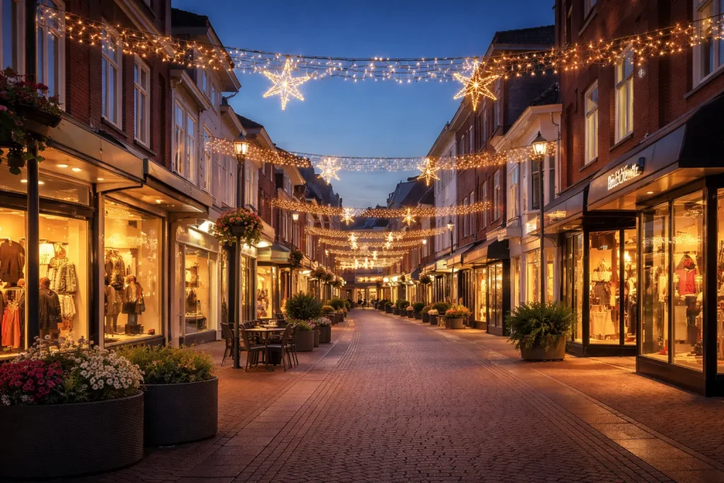 Verlichte winkelstraat in Kerkrade tijdens koopavond in de avondschemering.