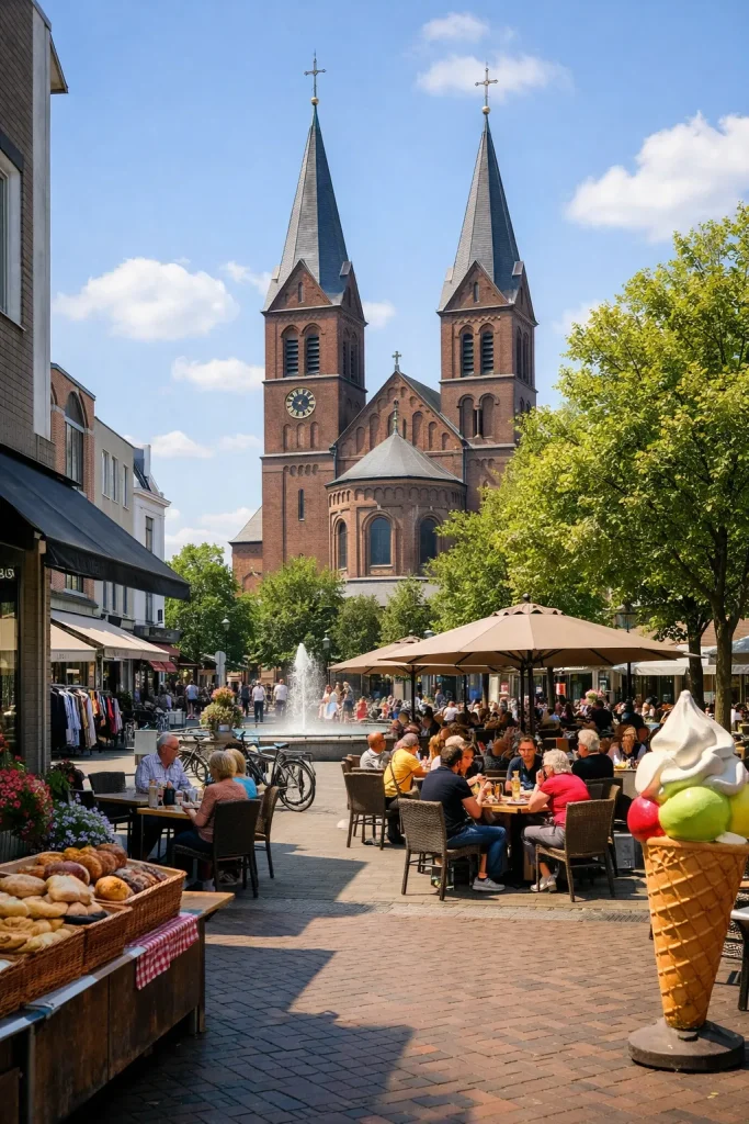 Drukke winkelstraat in Kerkrade op zondagmiddag