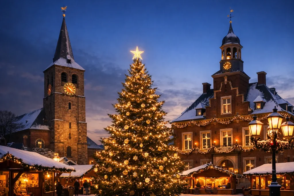 Winkelstraat in Kerkrade tijdens feestdagen met sfeerverlichting
