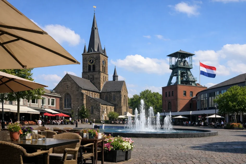 Marktplein in Kerkrade met kerk, fontein en terras op zonnige dag