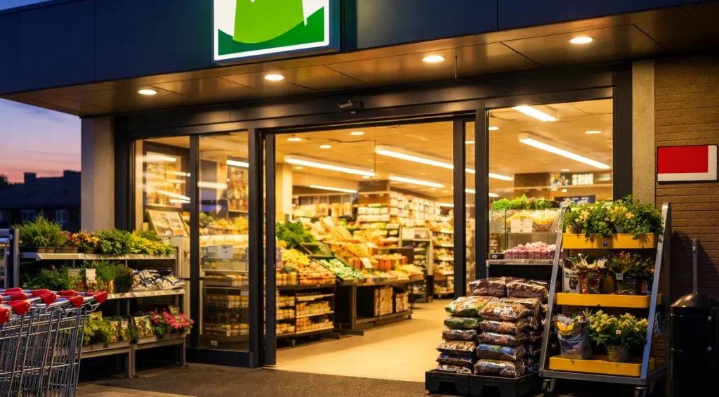 Realistische supermarkt in Kerkrade met volle parkeerplaats in de avond