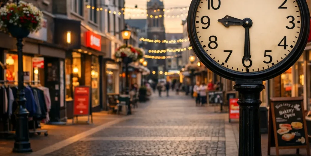 Winkelstraat in Kerkrade met geopende winkels overdag.