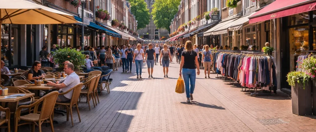 Drukke winkelstraat in het centrum van Kerkrade met winkels en terrasjes op een zonnige dag.