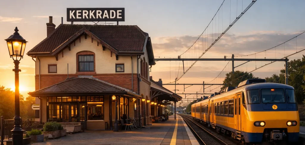 Treinstation van Kerkrade met perron en gele trein in warm avondlicht.