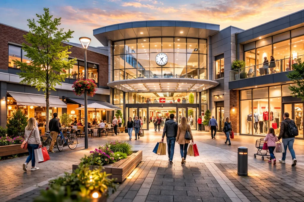 Drukke ingang van een modern winkelcentrum in Kerkrade tijdens zonsondergang