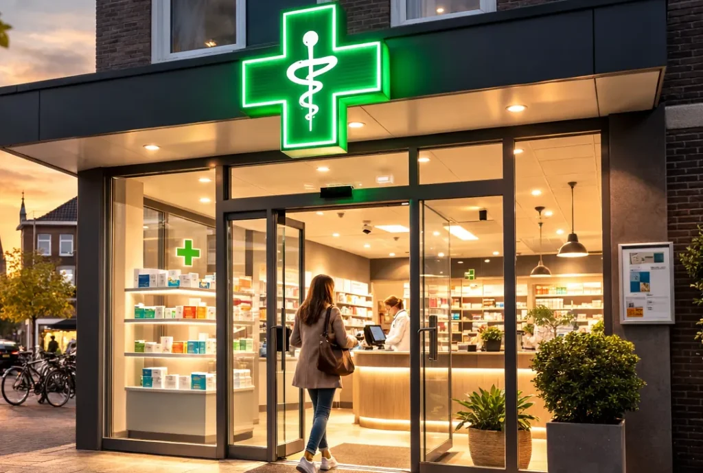 Verlichte apotheek in Kerkrade met klant en apotheker binnen