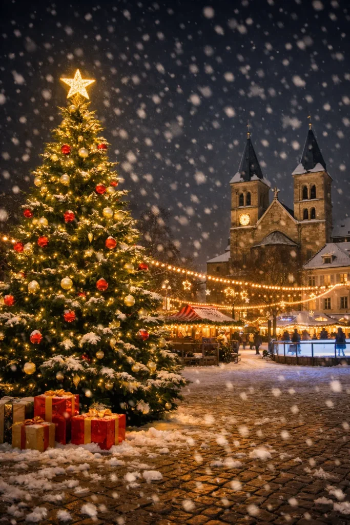 Verlichte kerstboom en winterse markt in Kerkrade met sneeuwval