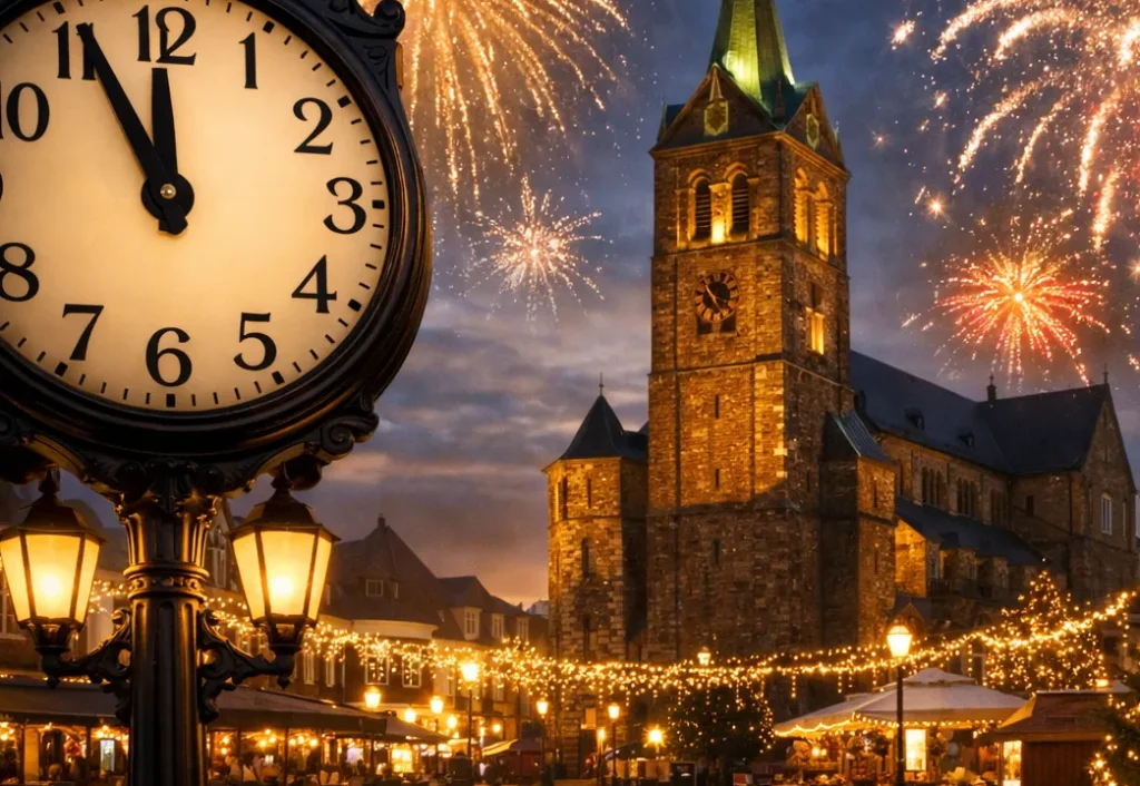 Vuurwerk boven het centrum van Kerkrade tijdens oud en nieuw.