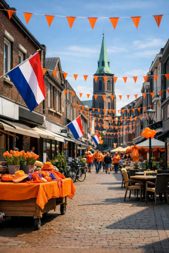 Feestelijke straat in Kerkrade met oranje versiering tijdens Koningsdag.
