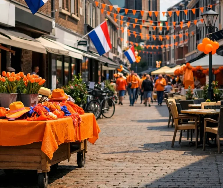 Feestelijke straat in Kerkrade met oranje versiering tijdens Koningsdag.