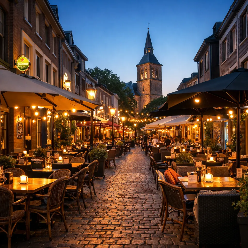 Gezellige horecastraat in Kerkrade met verlichte terrassen in de avond
