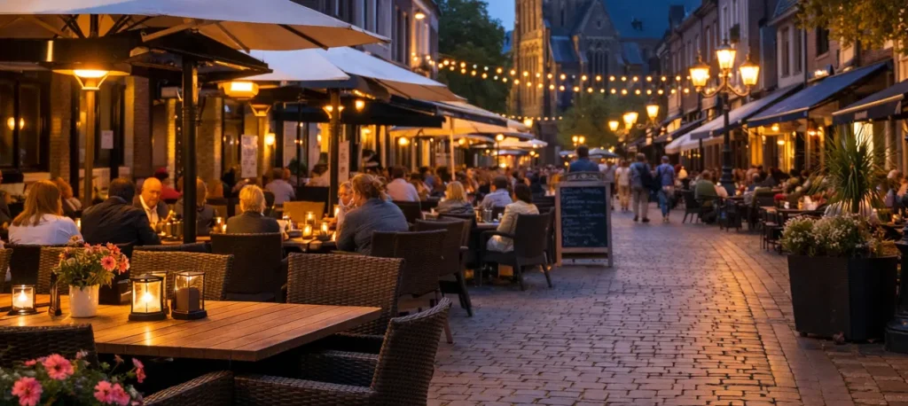 Gezellige restaurants met terrassen in het centrum van Kerkrade in de avond.