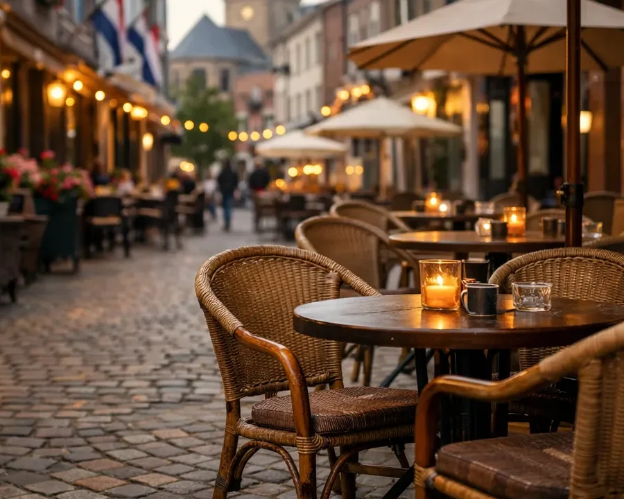 Gezellige cafés met terras in Kerkrade tijdens de avond.