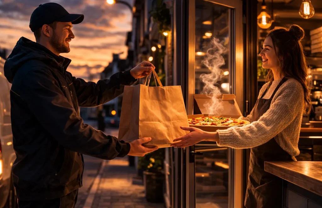 Afhaalmaaltijden en bezorger bij restaurant in Kerkrade tijdens de avond