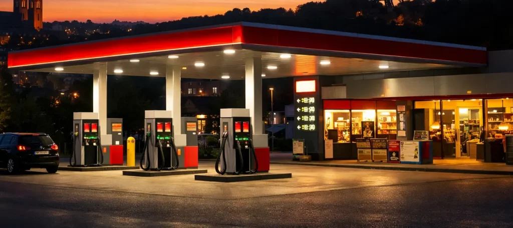 Verlicht tankstation in Kerkrade tijdens de avondschemering.