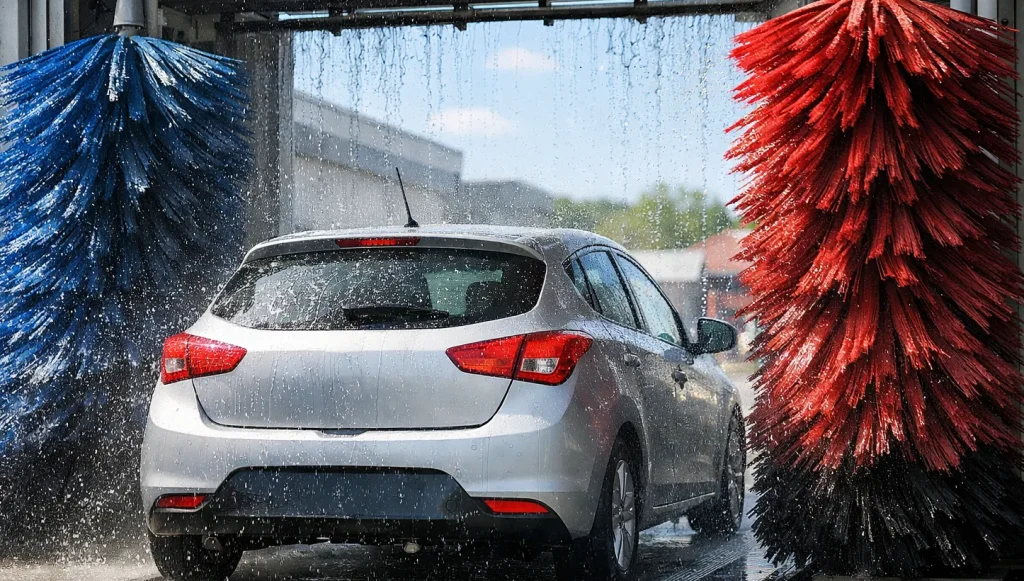 Auto in automatische wasstraat met draaiende borstels