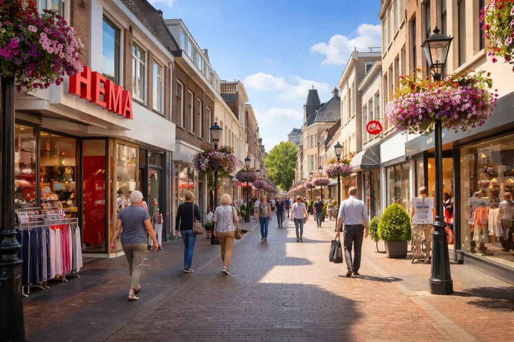 Website index Drukke winkelstraat in Kerkrade met warenhuizen en shoppers overdag.