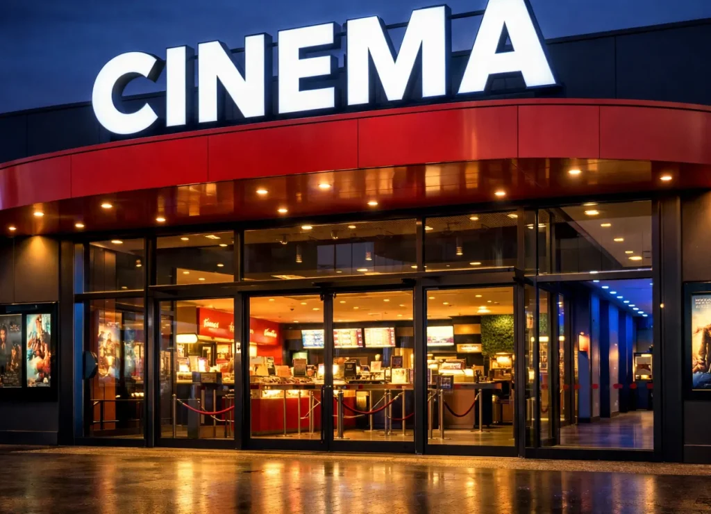 Website index Moderne bioscoop in Kerkrade met verlichte entree in de avond