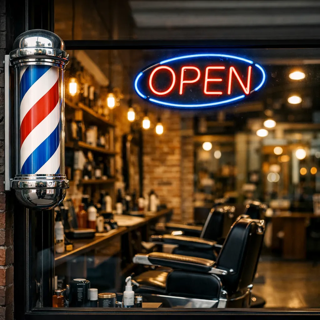 Website index Geopende kapperszaak in Kerkrade met verlichte barbierpaal en interieur zichtbaar door het raam