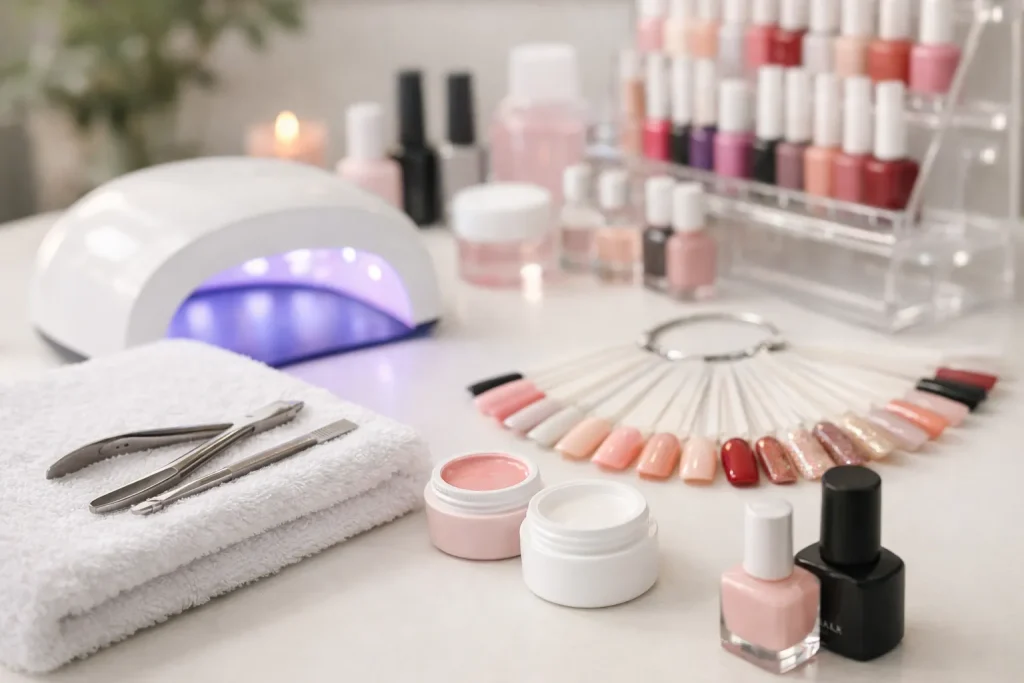 Website index Interieur van een nagelstudio met manicuretools en nagellak.