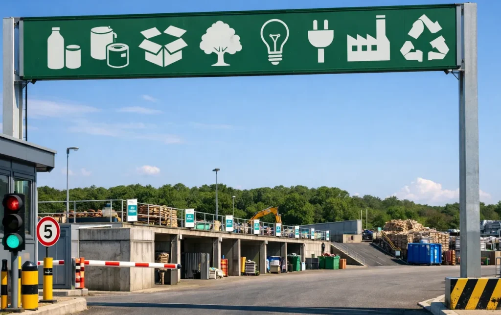 Website index Ingang van de milieustraat in Kerkrade met containers en recyclezone.