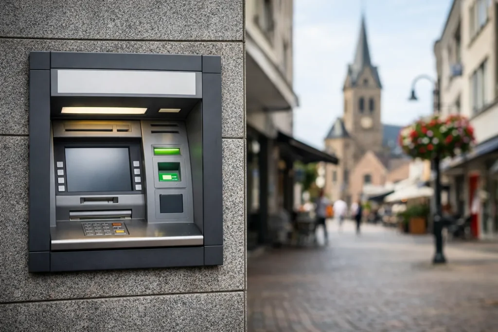 Website index Pinautomaat aan straat in het centrum van Kerkrade overdag