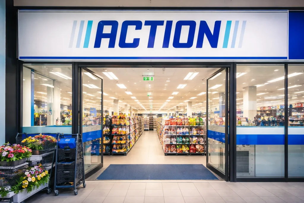 Website index Ingang van een Action winkel met open deuren en schappen binnen zichtbaar