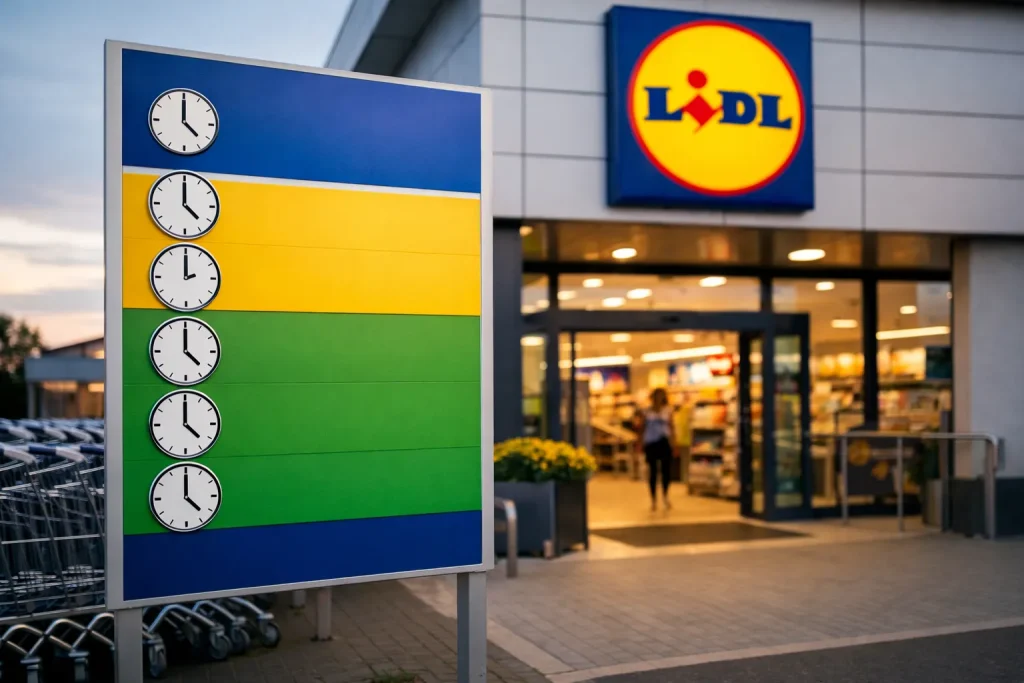 Website index Ingang van een Lidl supermarkt met openingstijdenbord buiten.