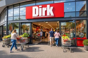 Ingang van een Dirk van den Broek supermarkt met winkelwagens