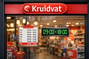 Ingang van een Kruidvat winkel met openingstijden op de deur