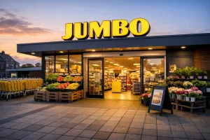 Bedrijven in Kerkrade Ingang van Jumbo supermarkt in Kerkrade bij zonsondergang