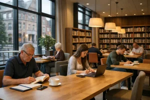 Mensen lezen en studeren in een moderne bibliotheek in Kerkrade
